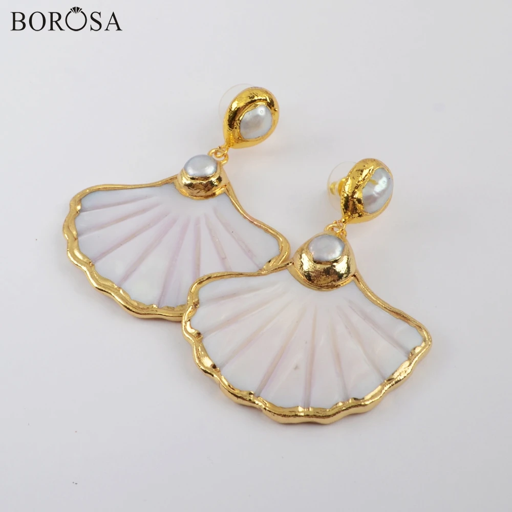 BOROSA 3/5 пар стильных; Американская Спортивная куртка; Белый сережки в виде ракушек с перламутровыми бусинами вентилятор ручной работы корпус с рисунком Длинные Висячие серьги ювелирных изделий G1897-E