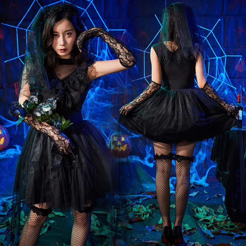 Halloween Witch Black Game Costume Export Japanese Bar Night Party Dress Sexy Sling Holiday | Тематическая одежда и