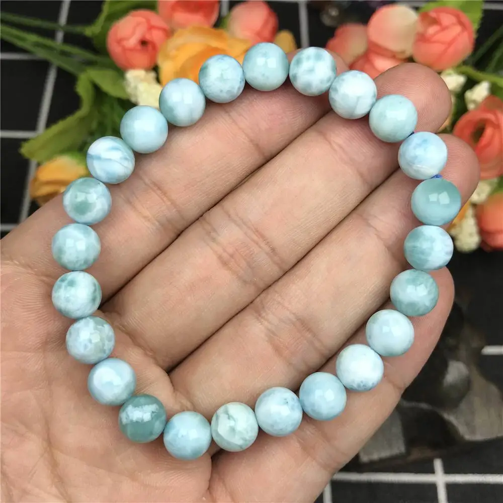 

8mm Natural Blue Larimar Bracelet For Woman Lady Female Rare Gemstone Round Beads Stretchable Dominica Nobility Jewelry AAAAA