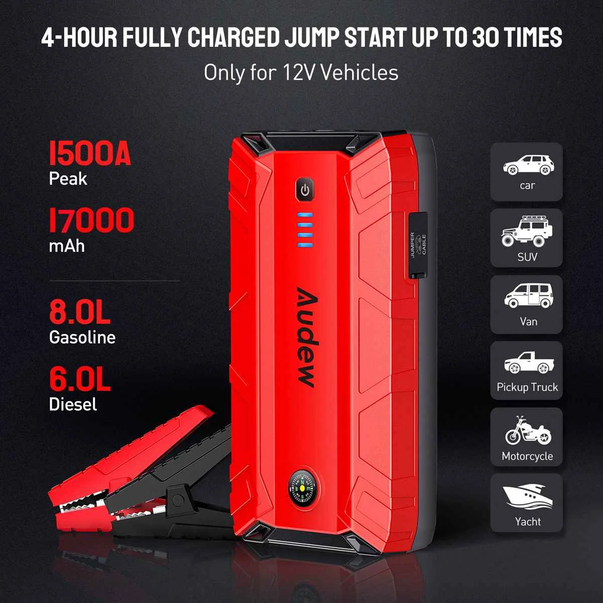 

Jump Starter Power Bank 18000mAh 12V Portable Charger Starting Device LCD Display Battery Booster for Up To 8L Gas / 6.5L Diesel