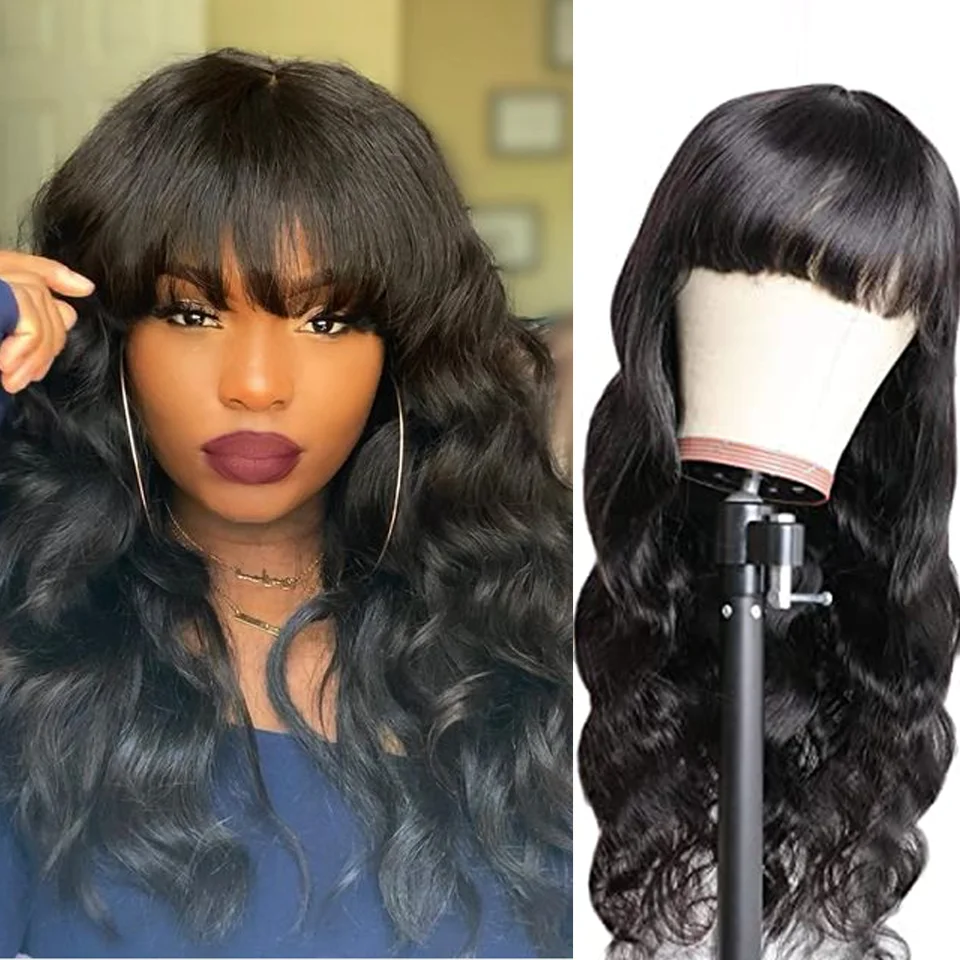 Парики из натуральных бразильских волос с челкой полностью машинно