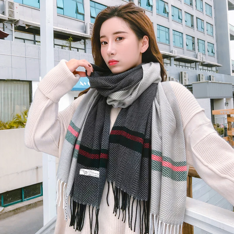 Осенняя и зимняя шаль Зимний кашемировый шарф женский двухцветный утолщенный