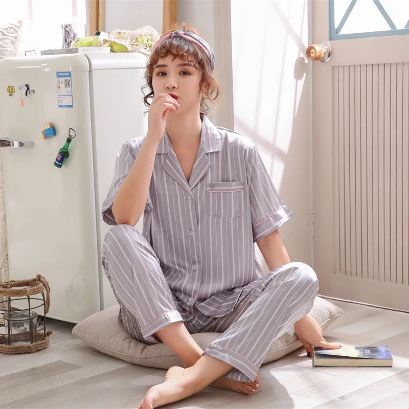 

FZSLCYIYI Шелковая пижама с коротким рукавом, Весна, Лето Шелковая пижама комплекты, женская пижама, комплект ночной одежды