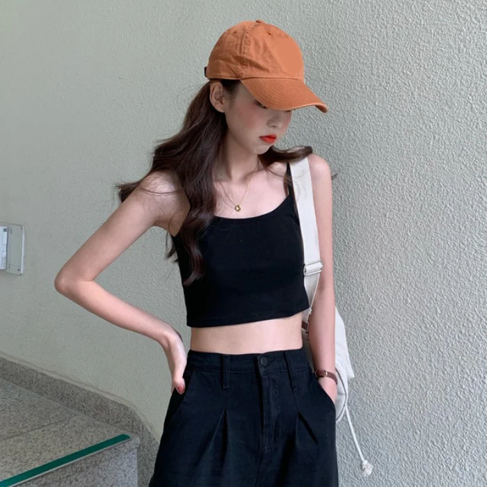 Женский короткий топ на бретельках с завышенной талией и маленькой внутренней