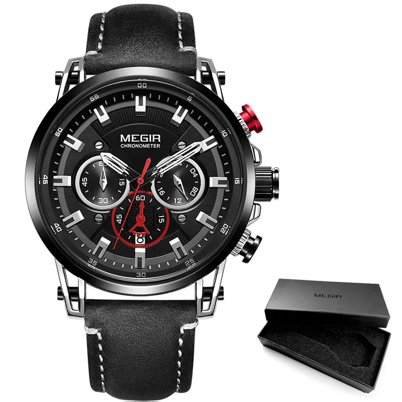 ML2085G-Black Megir кварцевые часы с кожаным ремешком для отдыха для мужчин, 24 часа, хронограф, 3 АТМ, водонепроницаемые армейские спортивные наручные часы, Relogios 2085Rose - Цвет: ML2085G-Black