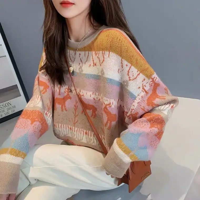 

2020 European Fashion Women Winter Sweater and Jumpers Oneck Long Sleeve Deer Print Christmas Knit Sweater Pull Jumpers