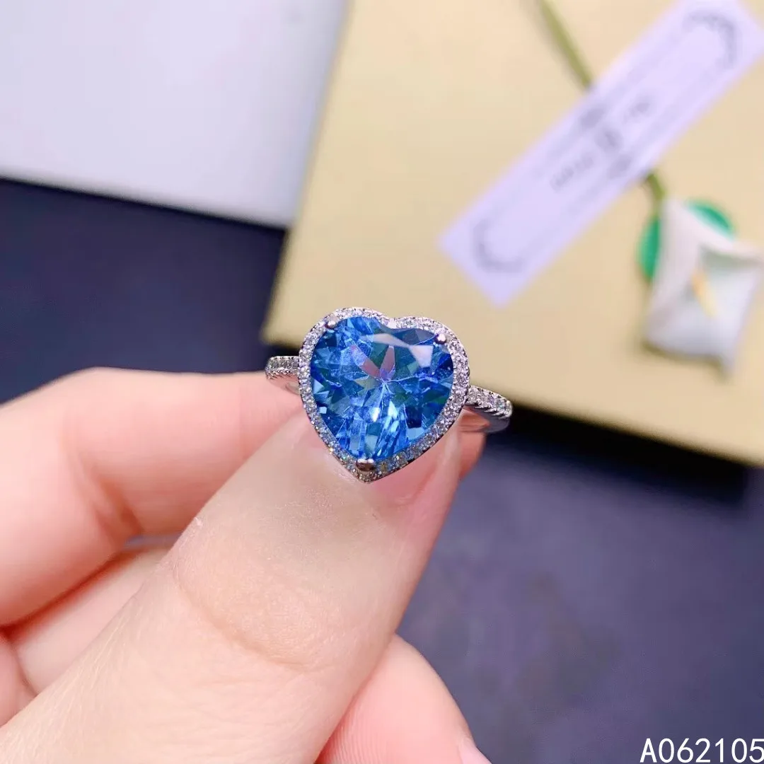 925 pure silver Chinese style natural Swiss blue topaz women's elegant lovely heart adjustable gem ring fine jewelry support det