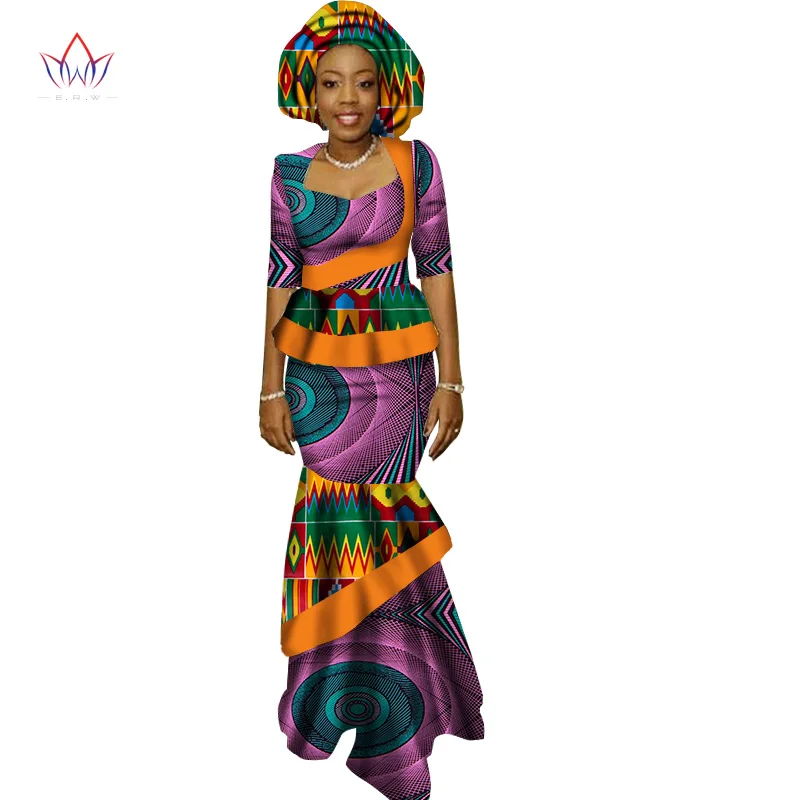 2021 New African Long Print Skirt Maxi Dress Suit Half Sleeve Crops Tops Splice Dress Bazin African Clothing for Women WY1417