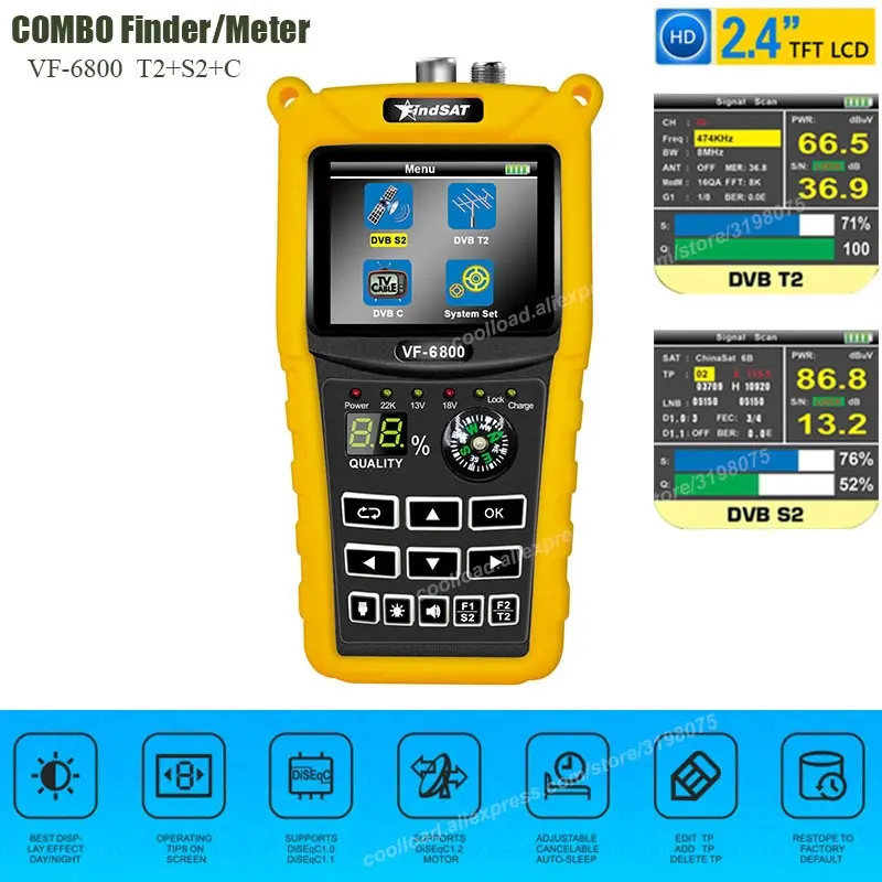 

VF-6800 спутниковый Finder метр Dvb-t2/DVB S2/C Combo СБ Finder DVB t2 приемник спутникового Satfinder 2,4 "Цвет ЖК-дисплей Экран