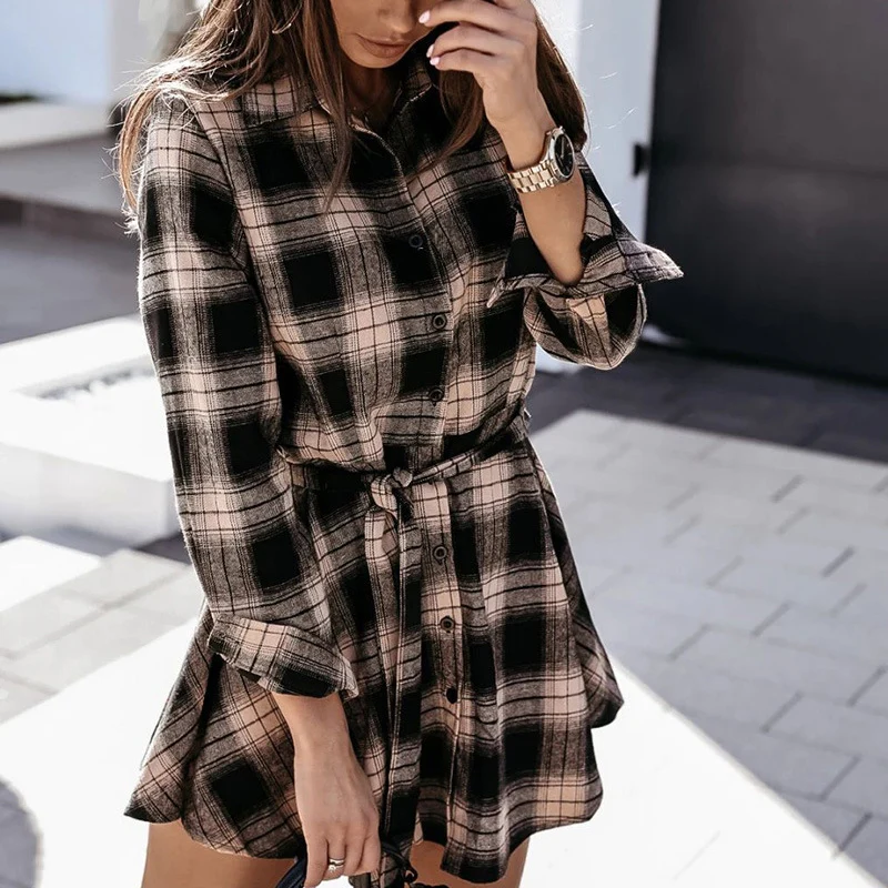 

Women Plaid Shirt Mini Dress Long Sleeve Button Checked Dress Women V-Neck Casual Dress Sashes Club Dress Female Party Vestidos