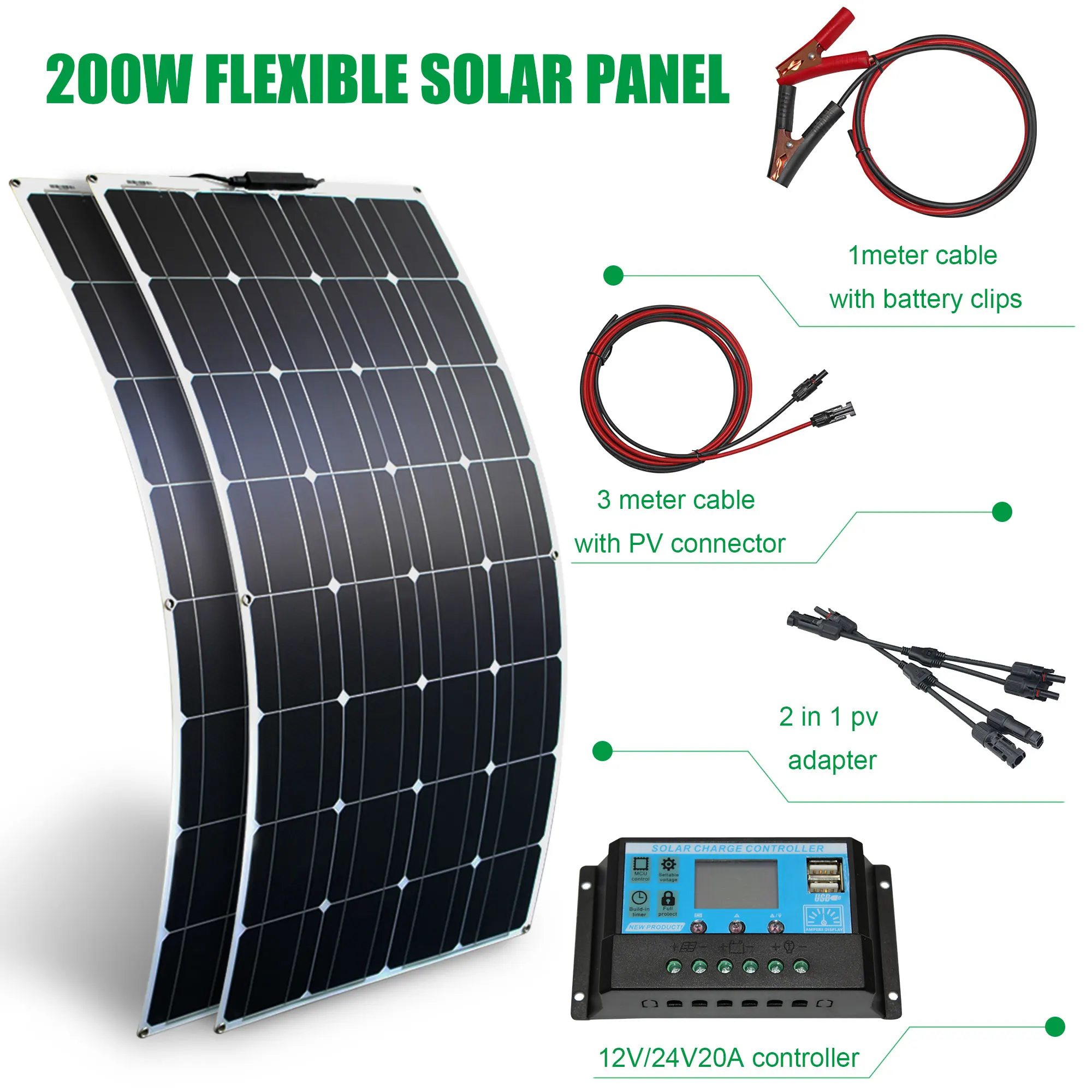 12v 200w Солнечная система зарядное устройство гибкие солнечные панели 100 Вт 2 шт. DIY
