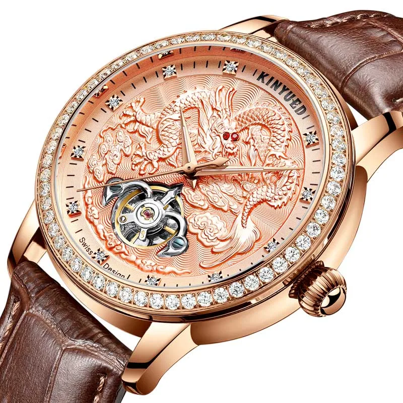 Brown Rose gold KINYUED, новинка, золотой дракон, дизайн, механические часы, мужские, коричневые, кожа, светящиеся, водонепроницаемые, автоматические часы, алмаз, турбийон, часы - Цвет: Brown Rose gold