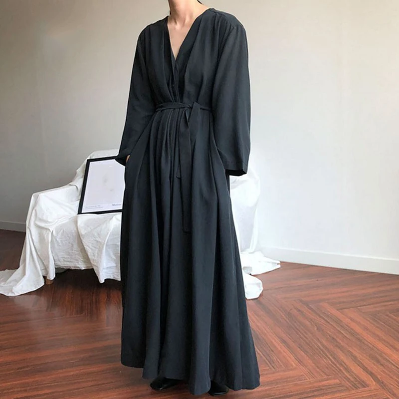 Платье женское длинное с V образным вырезом свободное однобортное модное