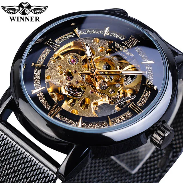 GMT1130-4 Winner мужские синие модные механические часы с ручным заводом, светящиеся стрелки из нержавеющей стали с сетчатым ремешком, деловые часы Montre Homme - Цвет: GMT1130-4