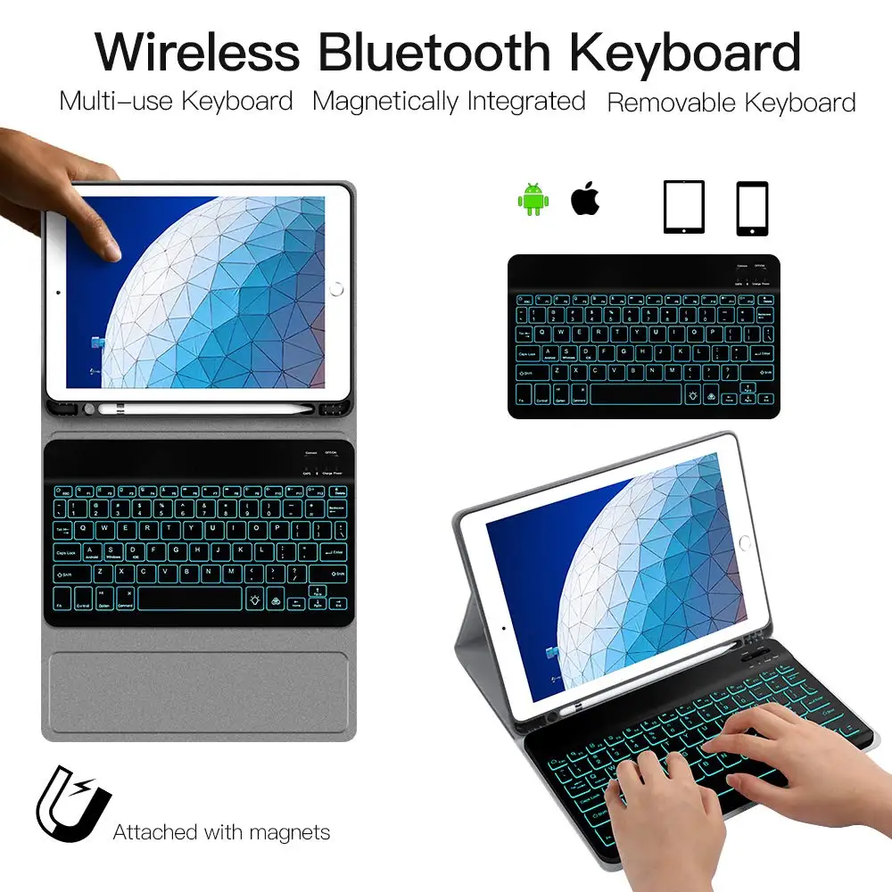 For ipad 7th 10.2" 2019 American Bluetooth Keyboard Tablet Case 7 Colors Backlit with Leather Cover Pen Holder | Компьютеры и офис