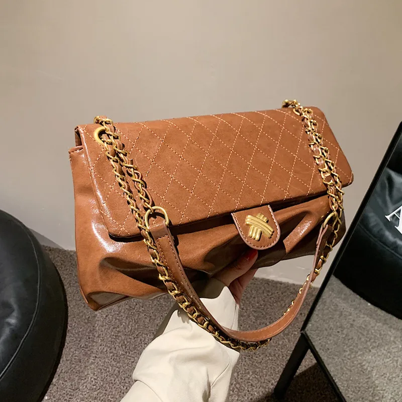 

Diamond Lattice Chain Shoulder Bags for Women Quilted Flap Crossbody Bag Vintage Ladies Handbag Pleated Pu Leather Messenger Bag