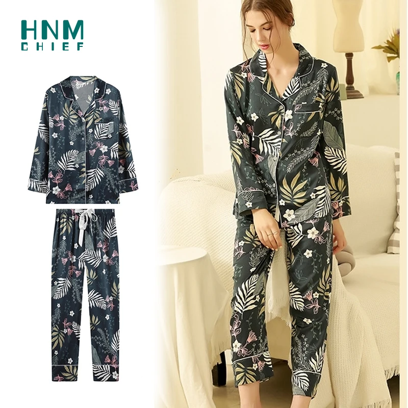 

HNMCHIEF 2Pcs/set Spring Autumn Women Silk Pajamas Sets Flower Print Pajama Sleepwear Satin Pyjama Comfortable Trousers Homewear