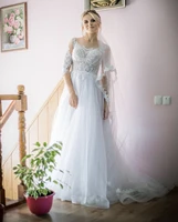 wedding dress a line sheer neck half sleeve lace appliques beads button back tulle floor length sweep train gorgeous bride gown