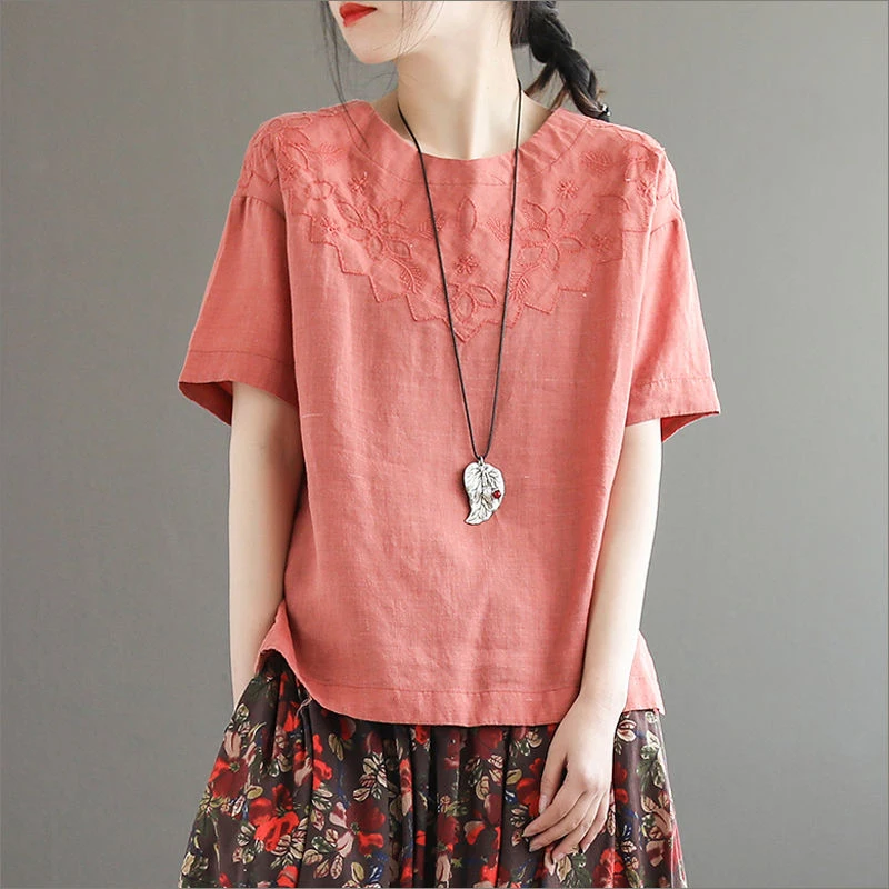 

2020 Summer New Arts Style Women Short Sleeve Loose Tee Shirt Femme Cotton Linen Vintage Embroidery T-shirt Solid Tops S804