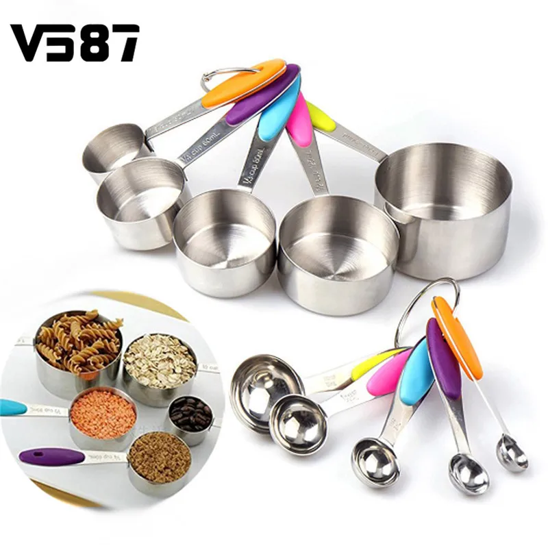 

10Pcs Measuring Cups Ingredients Measuring Spoons Kitchen Scoop Set Stainless Steel Silicone for Baking Tea Coffee Measuring
