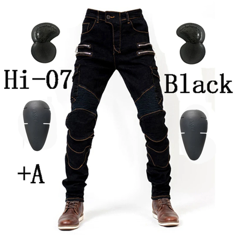 Hi-07-Black and A Мотоциклетные синие брюки мужские мото джинсы Защитное снаряжение для езды на мотоцикле мотоциклетные брюки для мотокросса с карманами на молнии мото брюки - Цвет: Hi-07-Black and A