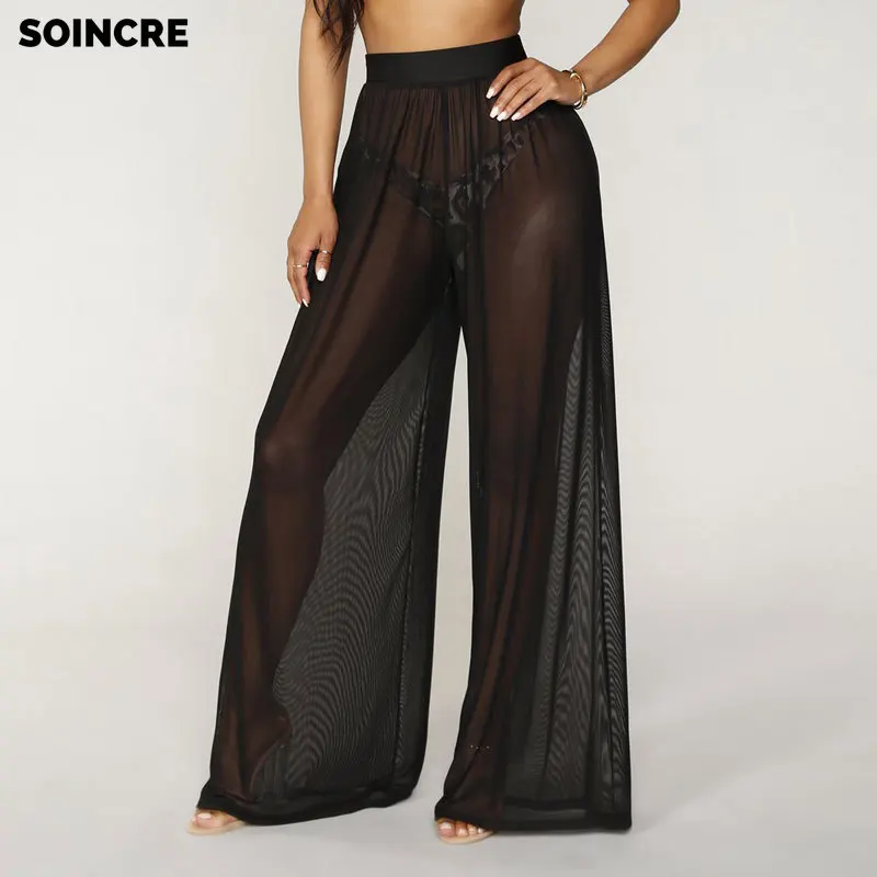 

2021 Fashion Sexy Mesh See-through High Waist Wide-leg Pants Without Belt Pure Color Casual Plus Size Straight Trousers Women