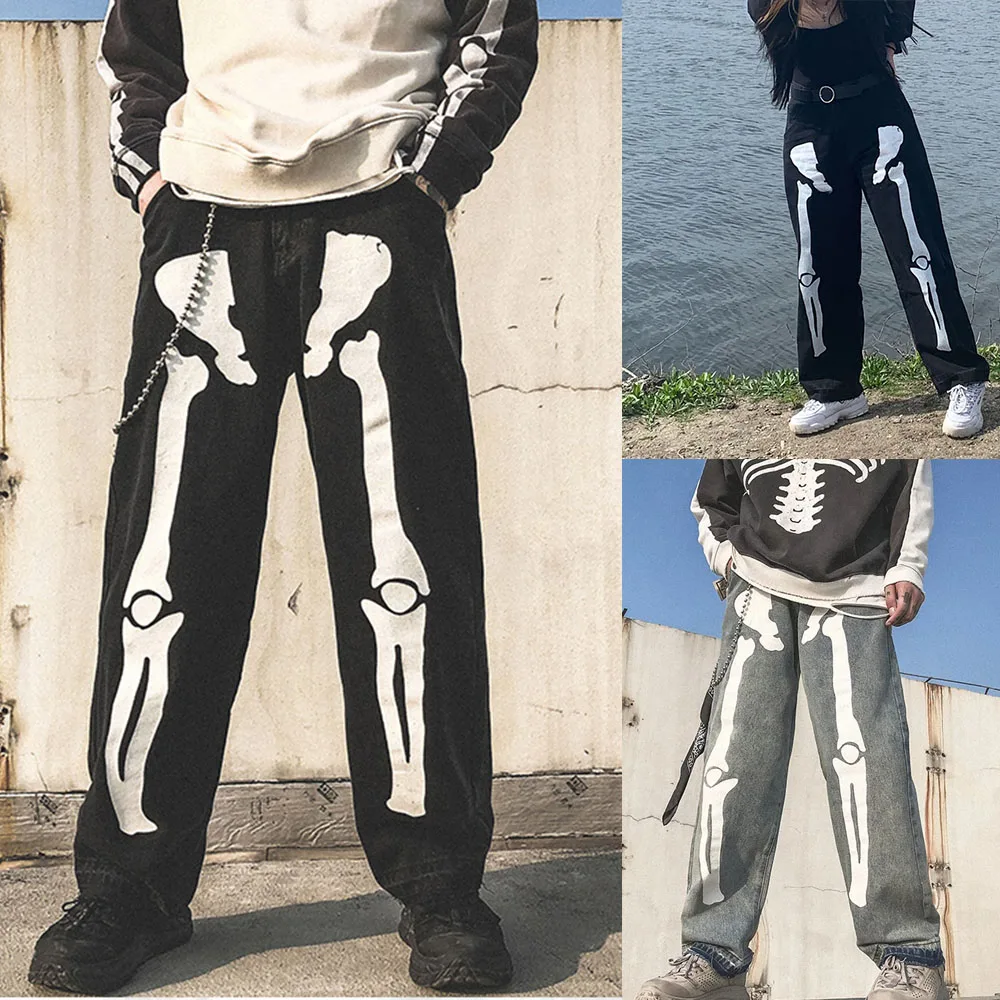 

Skull Bones Print Baggy Jeans Men 2021 Hip Hop Straight Denim Cargo Pants Oversized Grey Black Gothic Streetwear Unisex