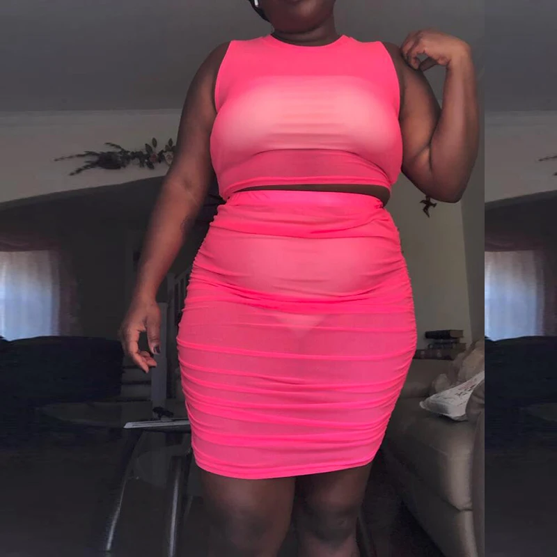 Неоновый зеленый оранжевого цвета Сетчатое платье сексуальный комплект из двух