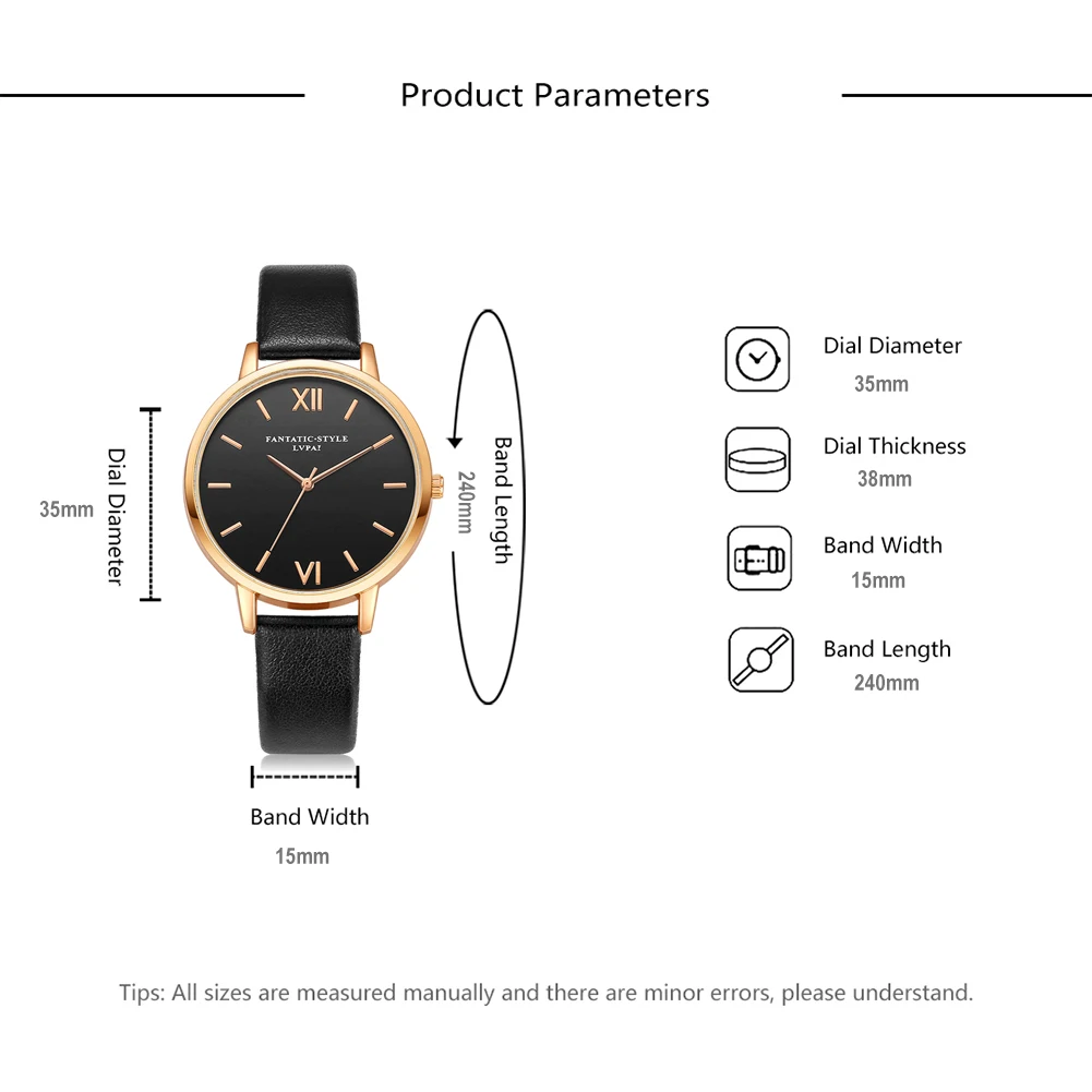 

5pcs Fashion PU Leather Strap Watch Simple Roman Numeral Women Round Dial Analog Quartz Wristwatches Jewelry Gifts