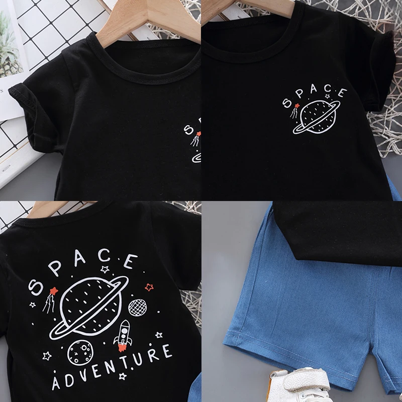 

Summer Fashion Toddler Baby Boys Clothing Sets Kids Clothes Suits Cartoon Space Print T Shirt Denim Shorts Children Boy Clothes