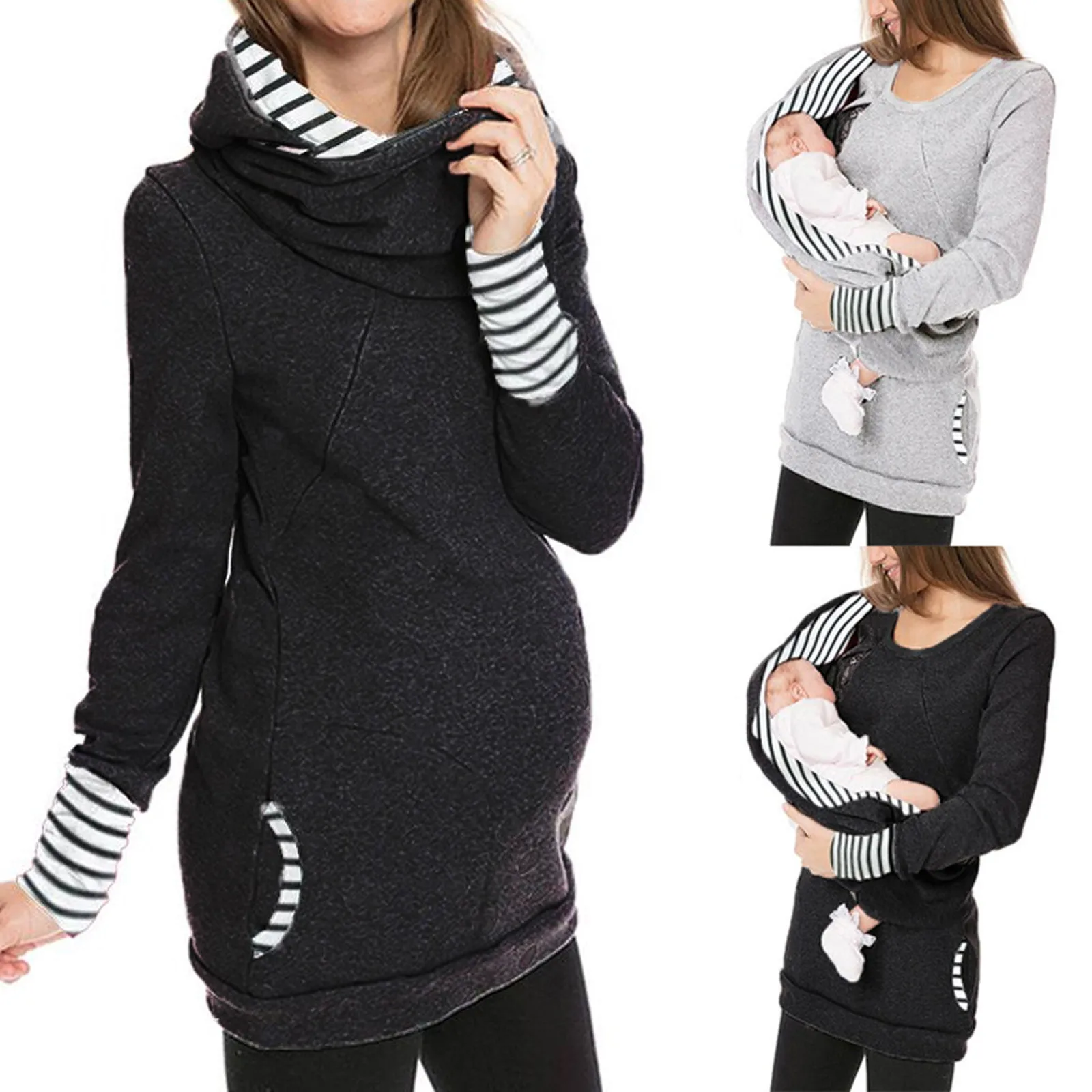 

Ladies Pregnant Nursing Zipper Scarf Top Maternity Nursing Striped Zipper Scarf Long Sleeve Top 40*