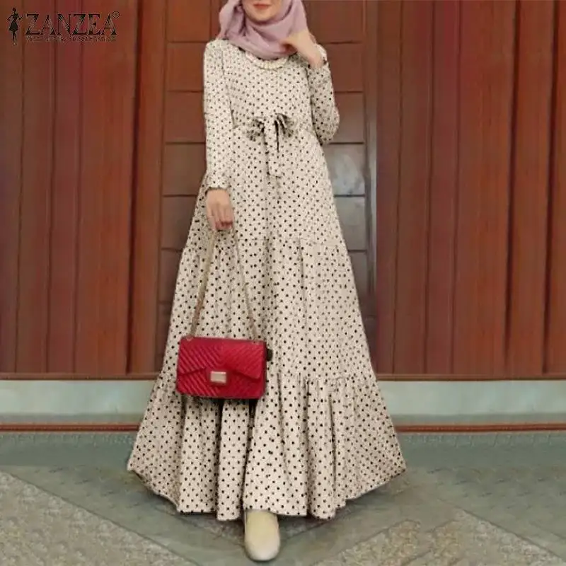 Женское платье в горошек с длинным рукавом ZANZEA, мусульманский марокканский хиджаб, кафтан, модные ремни, сарафан, вечерний халат, свободные ...