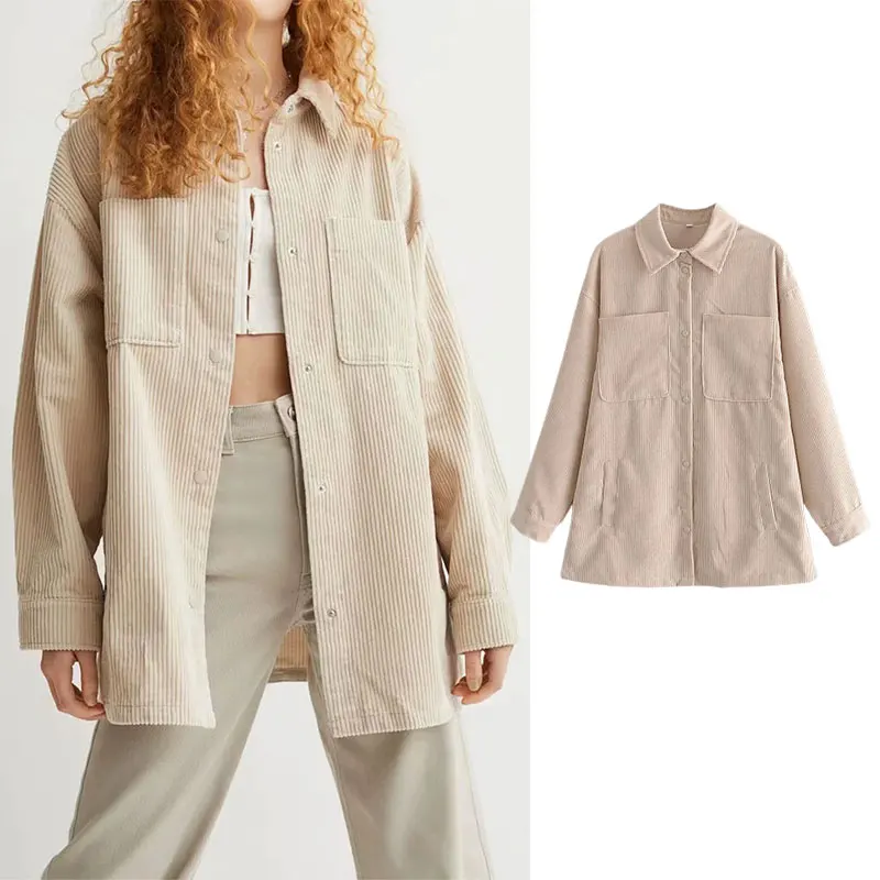 

PPYQYKX Za Women Jacket 2021 Autumn Fashion Corduroy Jacket Coat Woman Vintage Long Sleeve Pockets Female Outerwear Chic Tops