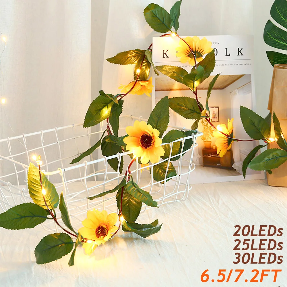 

2M Artificial Flower Vine LED String Lights Battery Power Rose Sunflower Garland Lamps For Christmas Bedroom Home Party Decor
