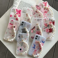 relief flower phone case for iphone 12 mini 11 pro x xr 7 8 6 6s plus xs max glitter pearl chain wrist soft back cover