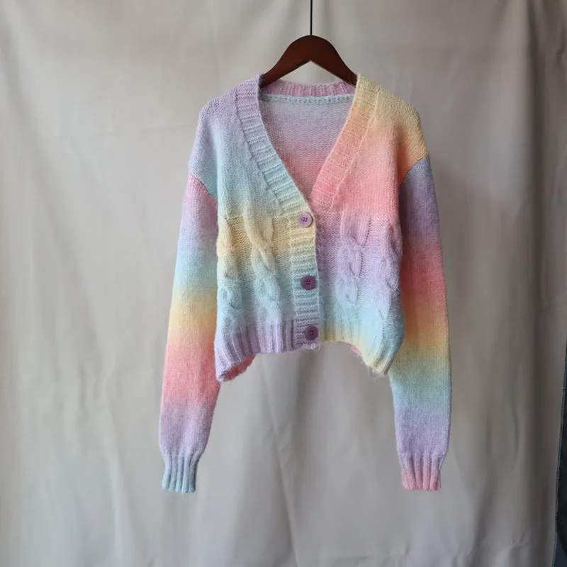 

2021 Autumn And Winter New Gradient Rainbow Color Knitted Cardigan Women's Short FLoose Sweater
