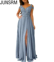 womens a line chiffon evening gowns off the shoulder lace appliqued long formal party prom dresses with slit