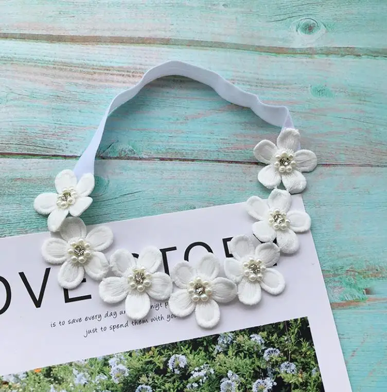 

2020 New korea Lace Baby Flower Headband Wreath Girls Elastic Hair Band Pearls Lace Floral Hoop Hairband Kids Hair Accessories