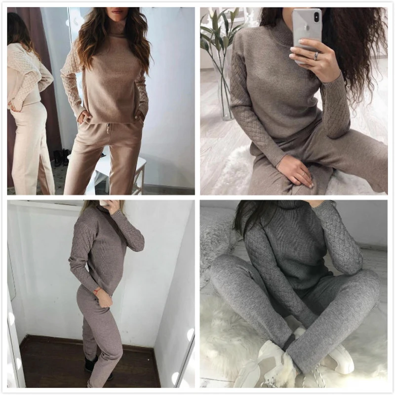 Трикотажный спортивный костюм для женщин пуловер с высоким воротником и брюки