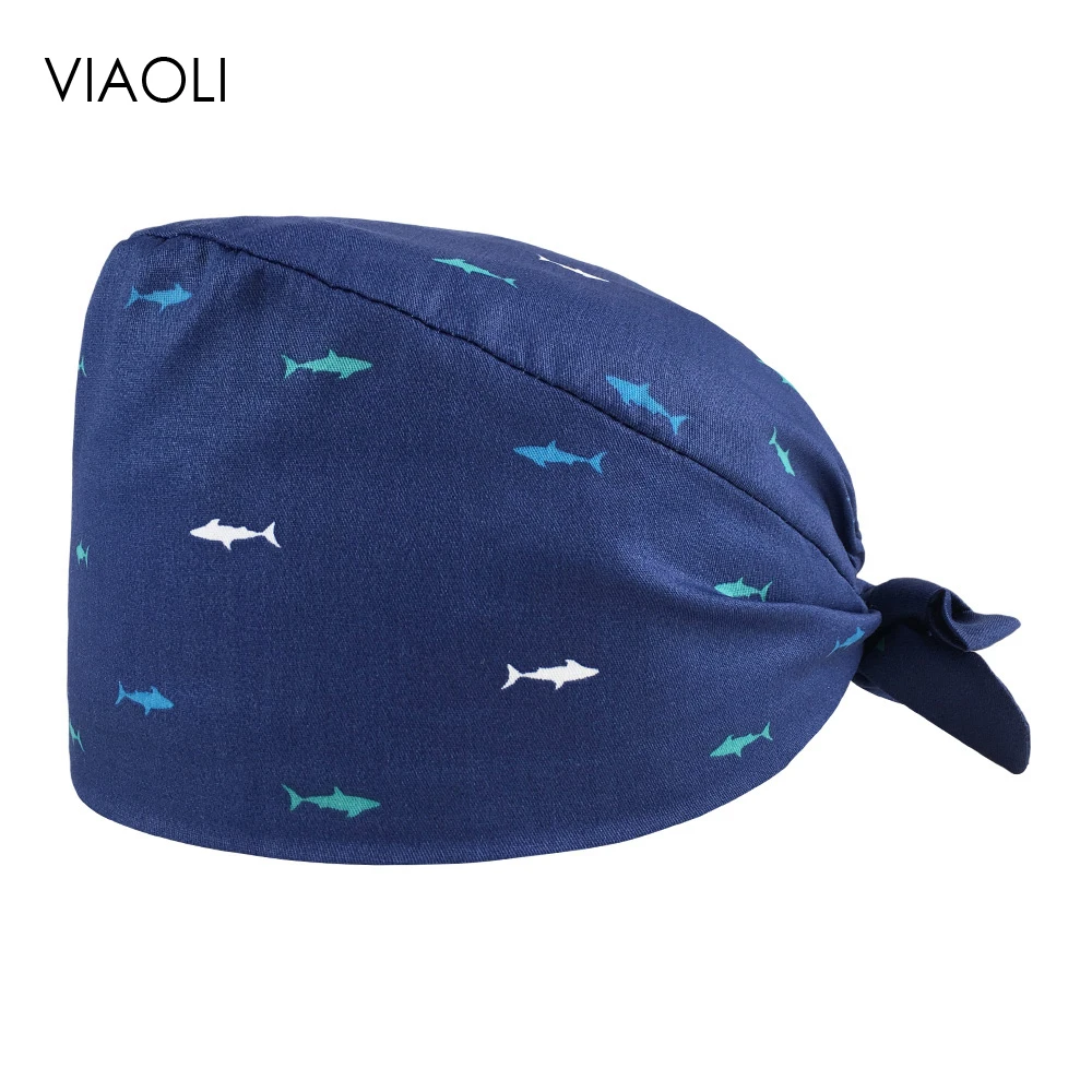 

VIAOLI-wholesale price Summer breathable cartoon printing Blue bottom fish scrubs caps Pet Health Service Center scrub hats