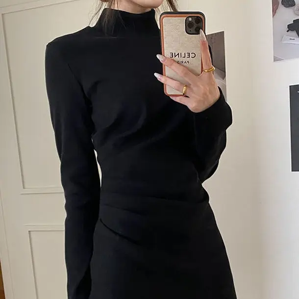 

Women's Turtleneck Dress Autumn Winter Pleated Skirt Dresses for Women Vestido De Mujer