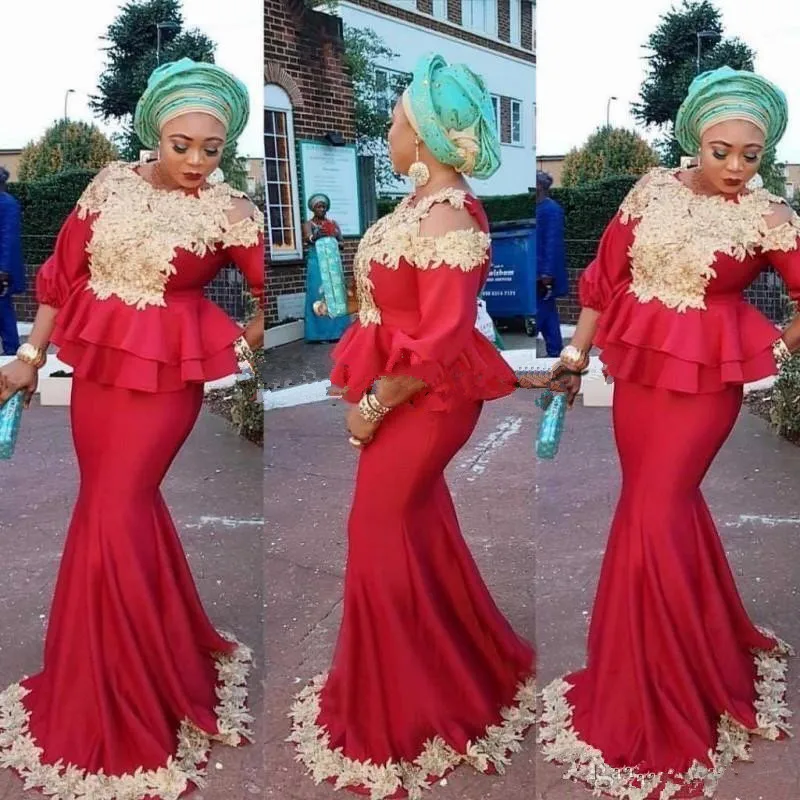 Aso Ebi африканские красные вечерние платья Русалка Черные для девушек с рукавом 3/4
