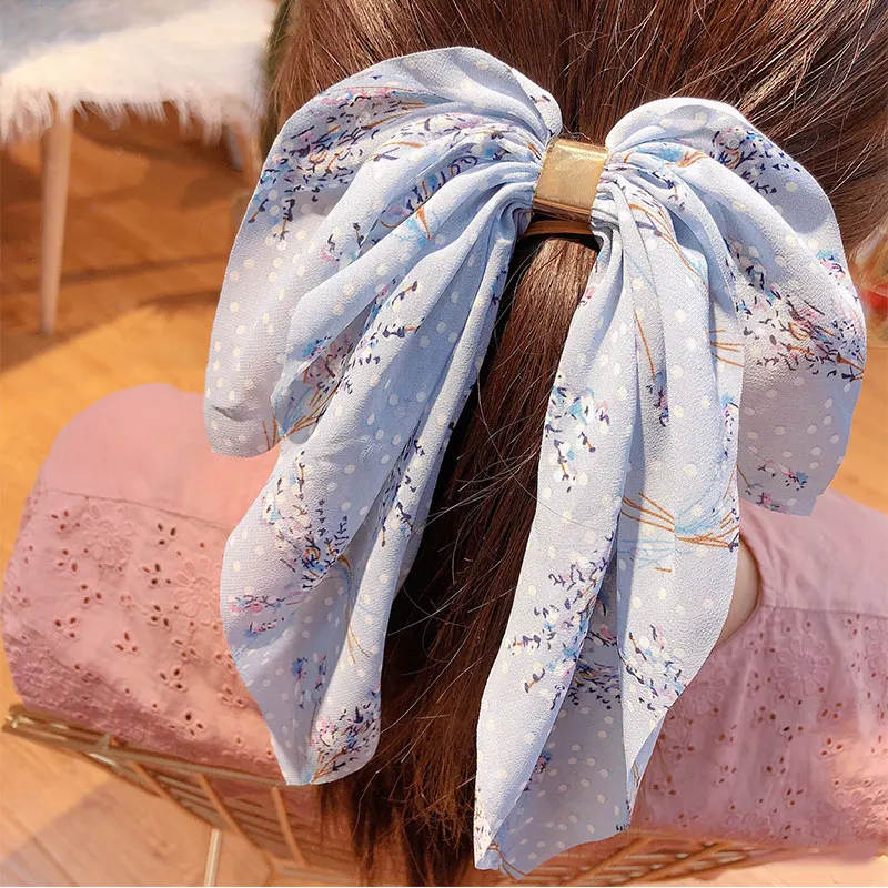 Большой бант шифоновые длинные ленты с принтом резинки для волос металлические