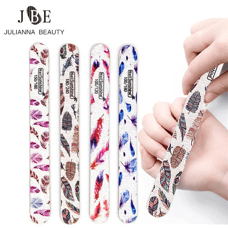 

20pcs/Lot Grey Wooden Nail Files 100/180/240 Feather Printed Strong Sandpaper Wood Stick Files Buffer For UV Gel Polisher Tools