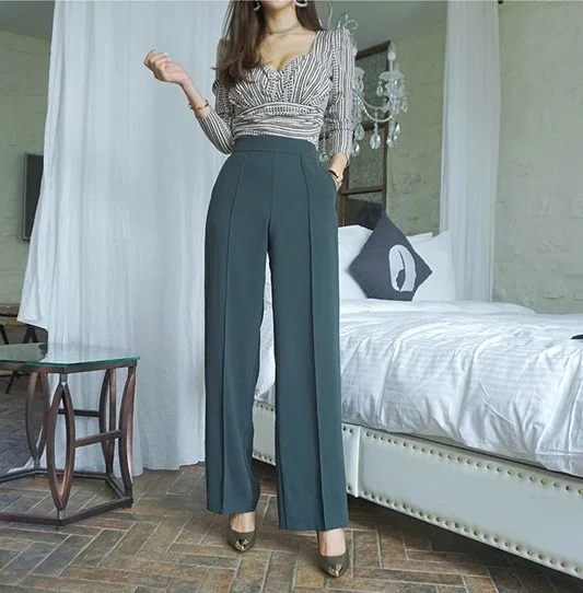 

Женский офисный костюм из двух предметов, блузка с длинным рукавом и V-образным вырезом с принтом и прямые брюки с высокой талией, весенний ж...