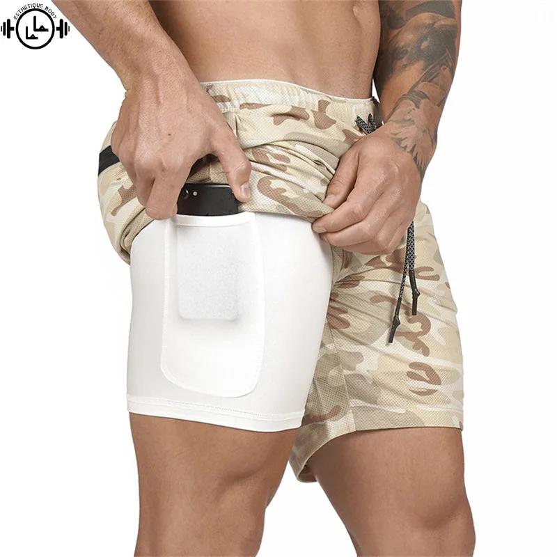 Быстросохнущая сетка для мужчин 2 в 1 поддельные две камуфляжные шорты бега со