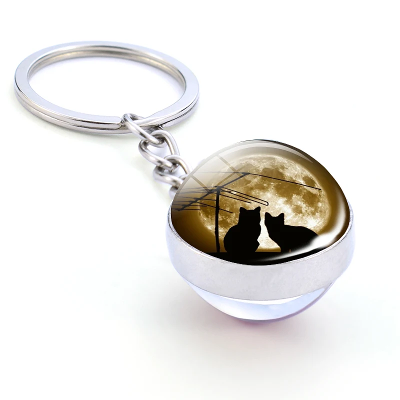 Полная луна и Черный кот стеклянный шар брелок кулон Модные аксессуары Подарки