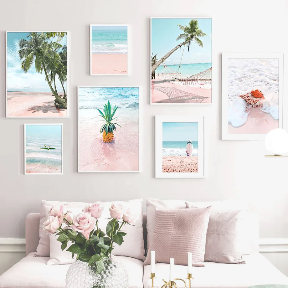 

Pink Sea Beach Shell Pineapple Hammock Nordic Posters And Prints Wall Art Canvas PaintingWall Pictures For Living Room Decor