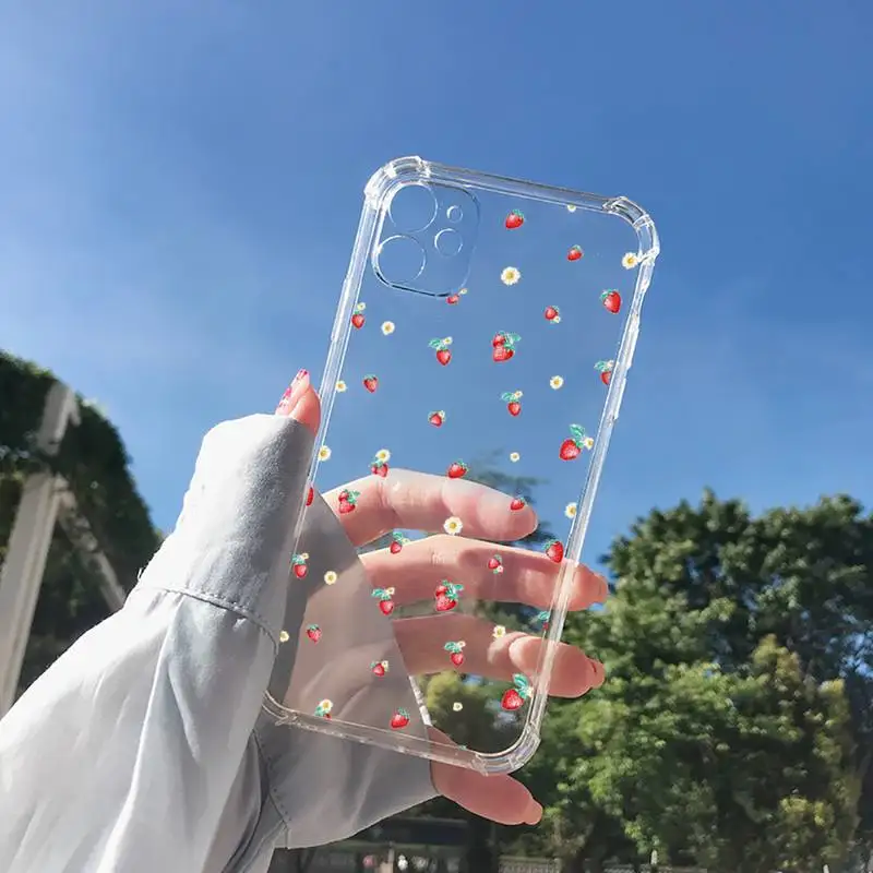 

Pink red strawberry cartoon fruit art Phone Case Transparent for iPhone 11 12 8 7 6 6S XS MAX Plus X 5S SE 2020 XR mini pro