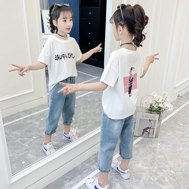 

Одежда для девочек, модный спортивный костюм, летняя Милая футболка для маленьких девочек + джинсовые укороченные брюки, костюм из двух пред...